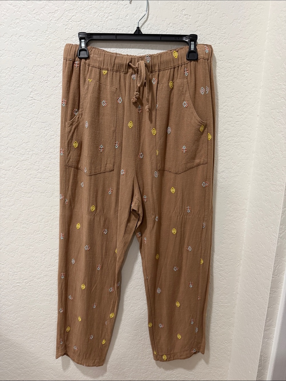 easel Tan Drawstring Pants with Yellow & White Embroidery